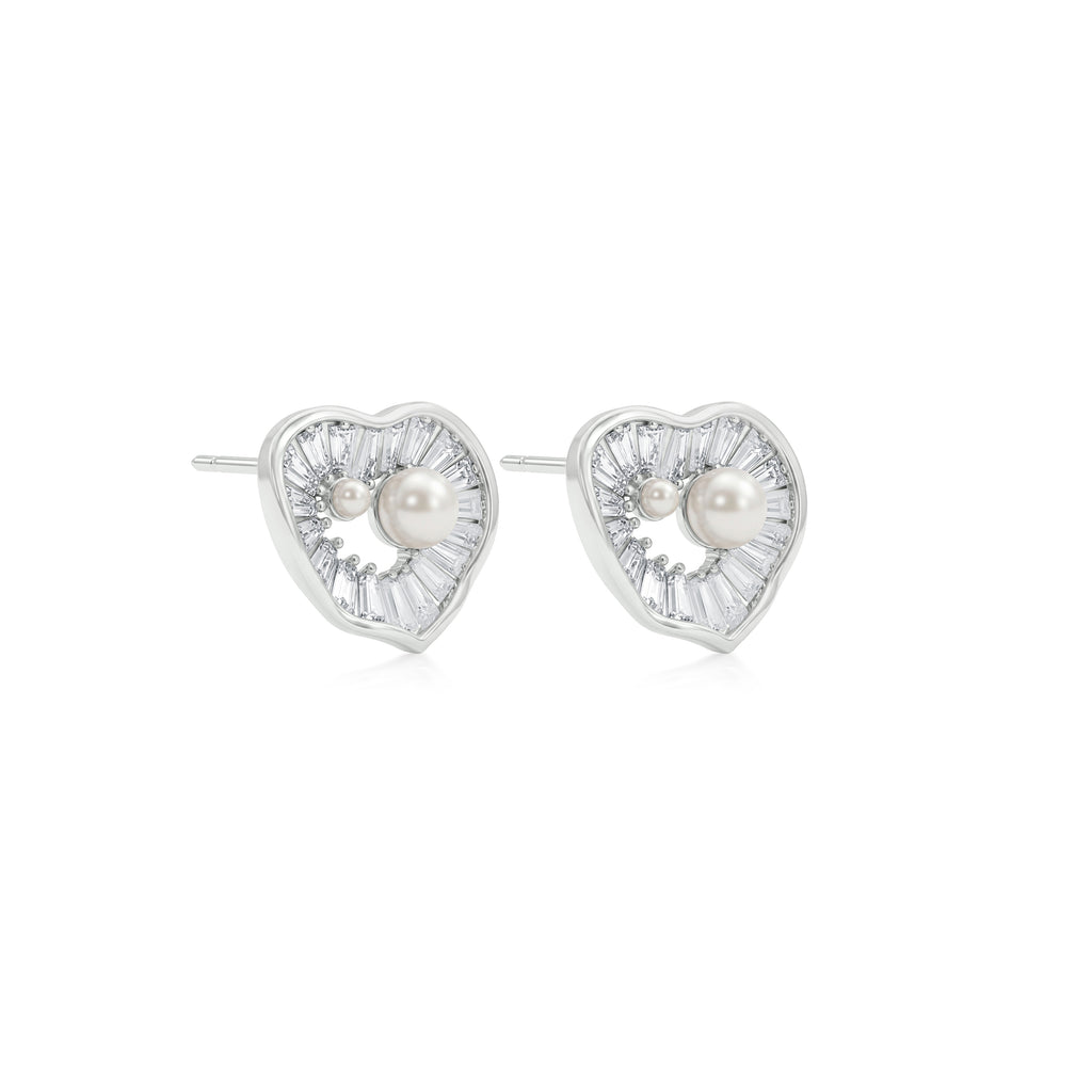 Heart Baguette Pearl Studs