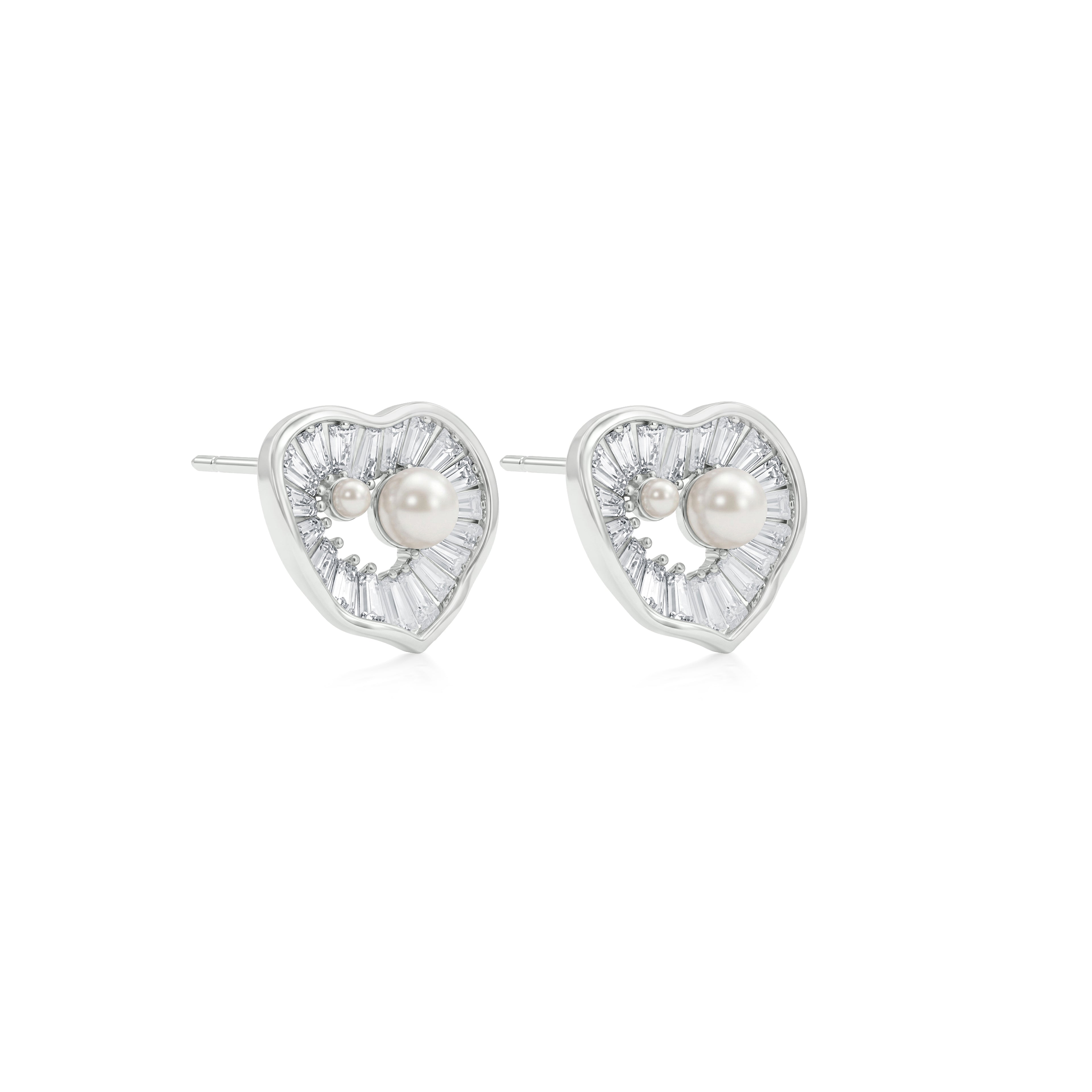 Heart Baguette Pearl Studs