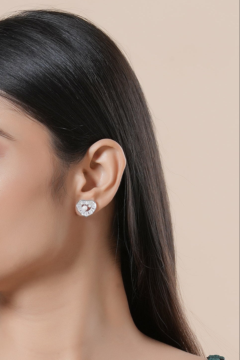Heart Baguette Pearl Studs